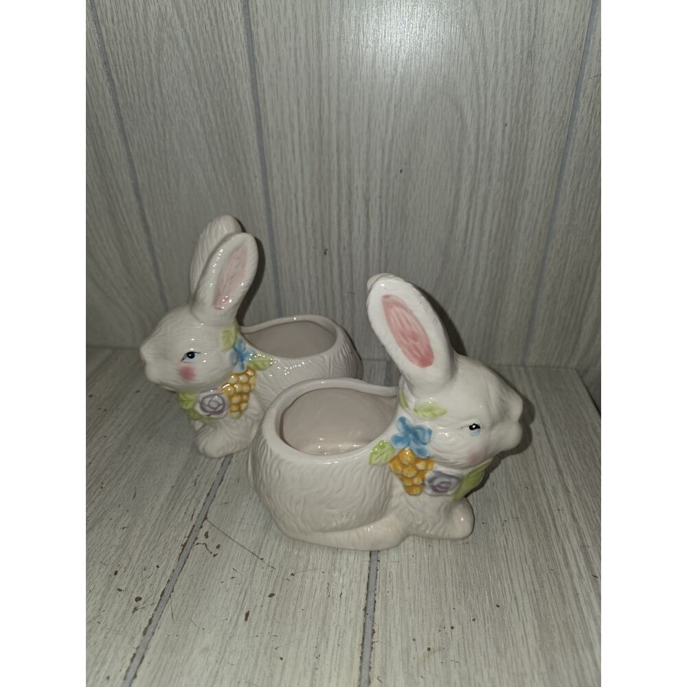 Vtg Ceramic Bunny Rabbit Planters Easter Spring Floral Super Cute Pastel Set